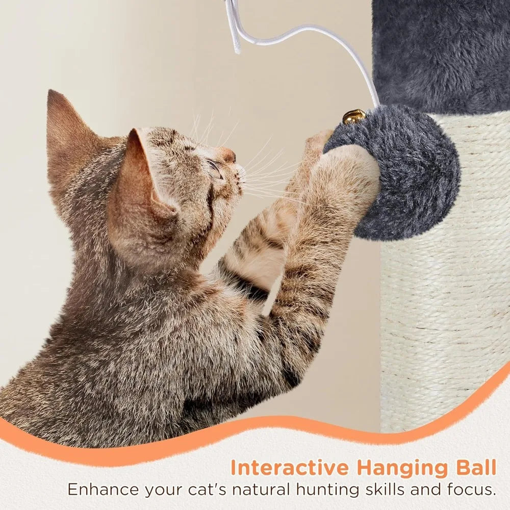 57in Multi-Level Cat Tree Tower with Extended Platform, Padded Perch, Scratching Posts, and Ball