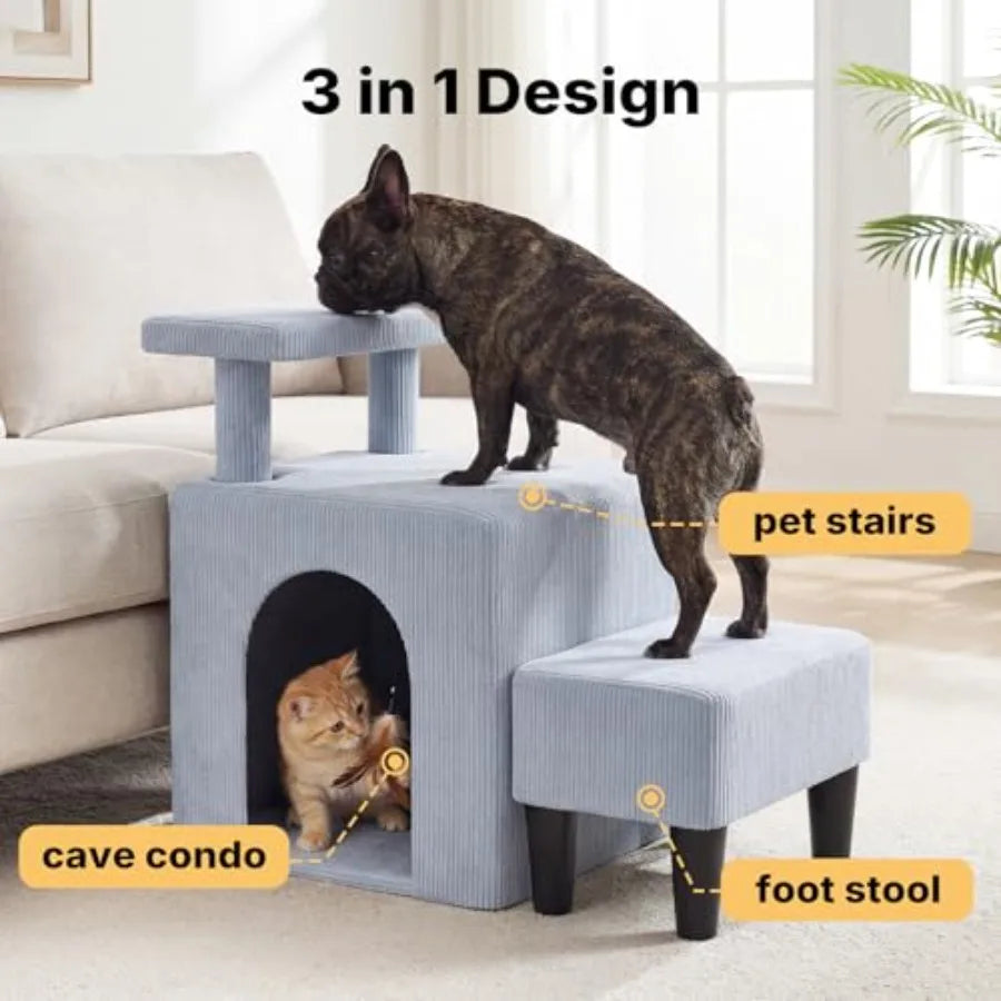Indoor pet stairs for senior dogs and cats: 3-in-1 bed/couch steps with non-slip surface portable cave condo design cushioned f