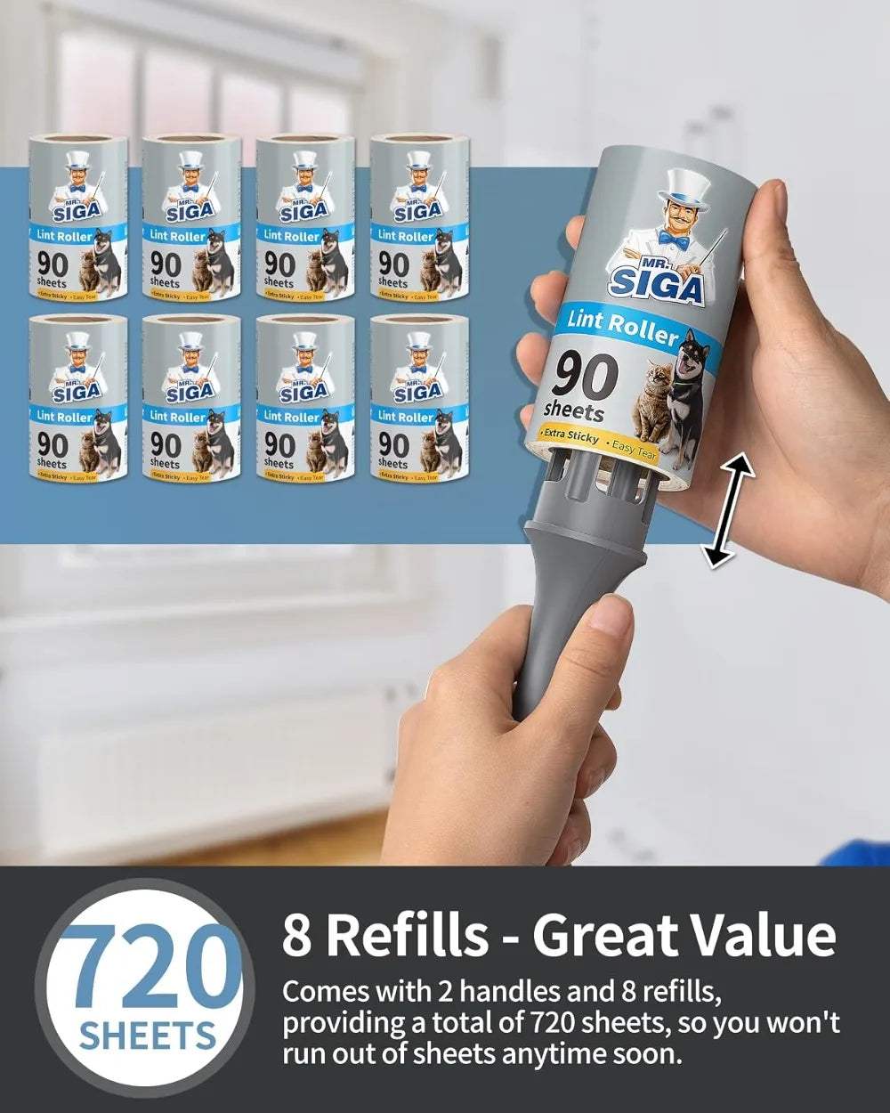 Extra Sticky Lint Roller for Pet Hair, 720 Sheets, Easy Tear, Removes Lint from Clothing & Furniture