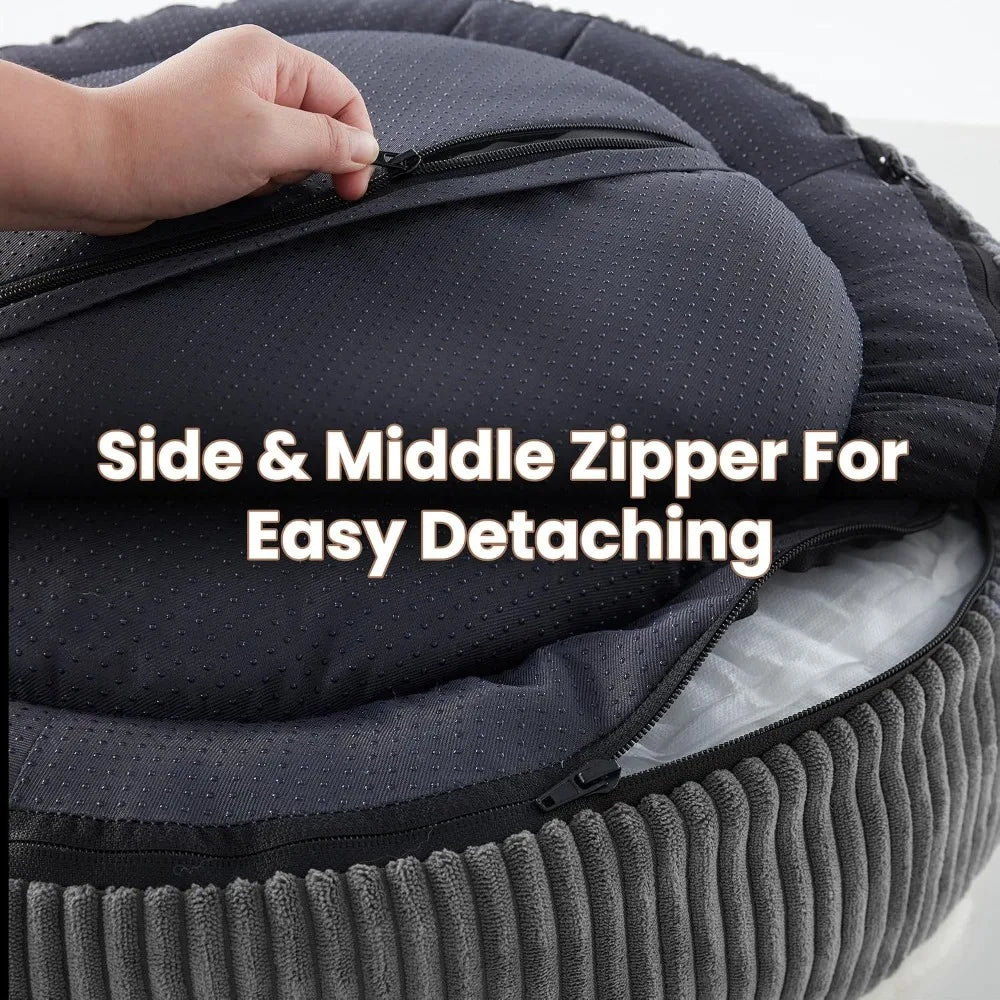 36" Donut Dog Bed for Large Dogs - Calming Round Pet Bed with Washable Cover, Plush Faux Fur & Corduroy, Up to 80 lbs, Dark Grey