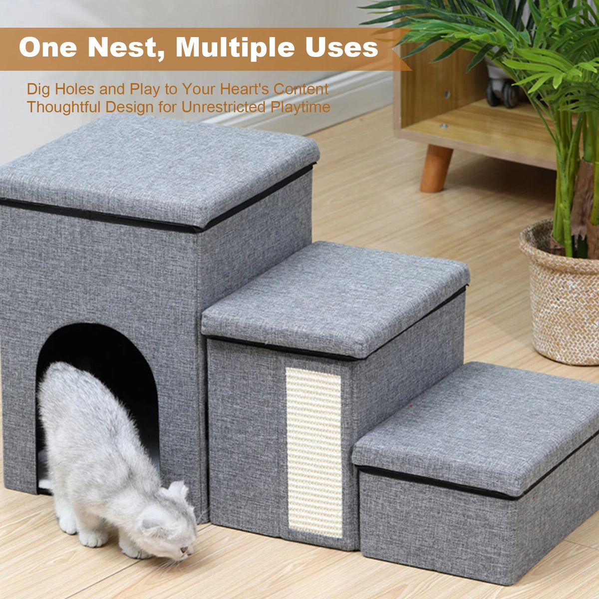 3 Levels Step Foldable Pet Stairs Multi-Purpose Pet Stairway Storage Box Removable Storage Organizer for Sofa Couch Bed Supplies