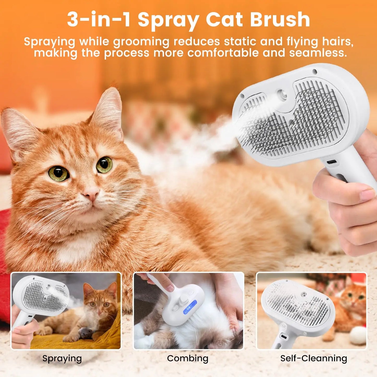 Self-Cleaning Pet Brush with Mist Spray for Dogs & Cats, Anti-Static Hair Removal Comb for Shedding, Grooming Supplies for Long & Short Hair