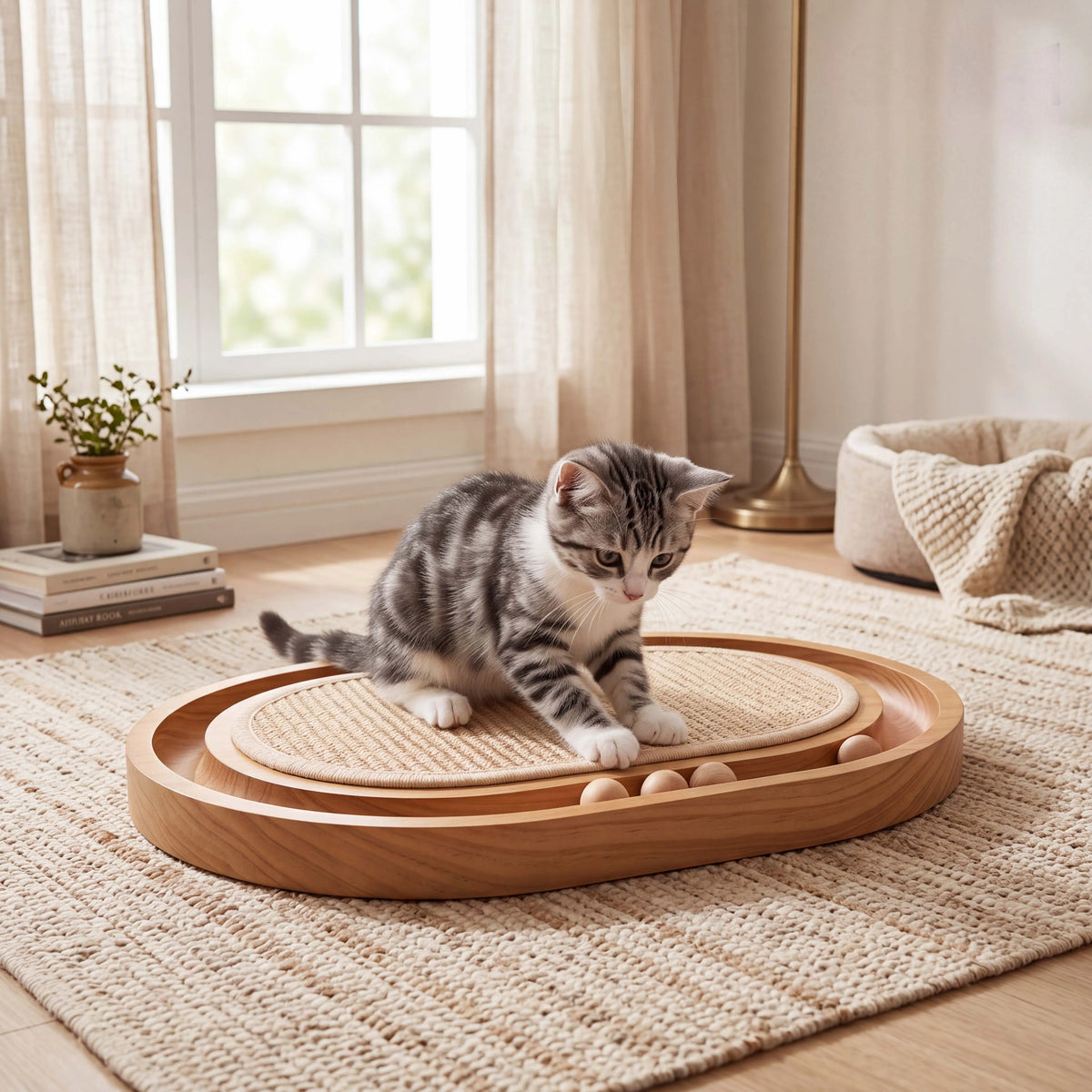 3-in-1 Cat Scratcher Toy, Wooden Oval Cat Scratching Pad with Sisal Surface, Rolling Balls, Low-Profile Resting Bed, Interactive Cat Toy for Scratching, Lounging and Play