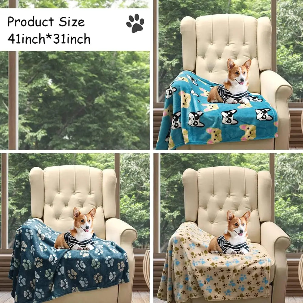 Soft Flannel Pet Blanket, Washable Dog Throw, Cute Paw Pattern, 41x31 inch, Blue/Beige/Navy