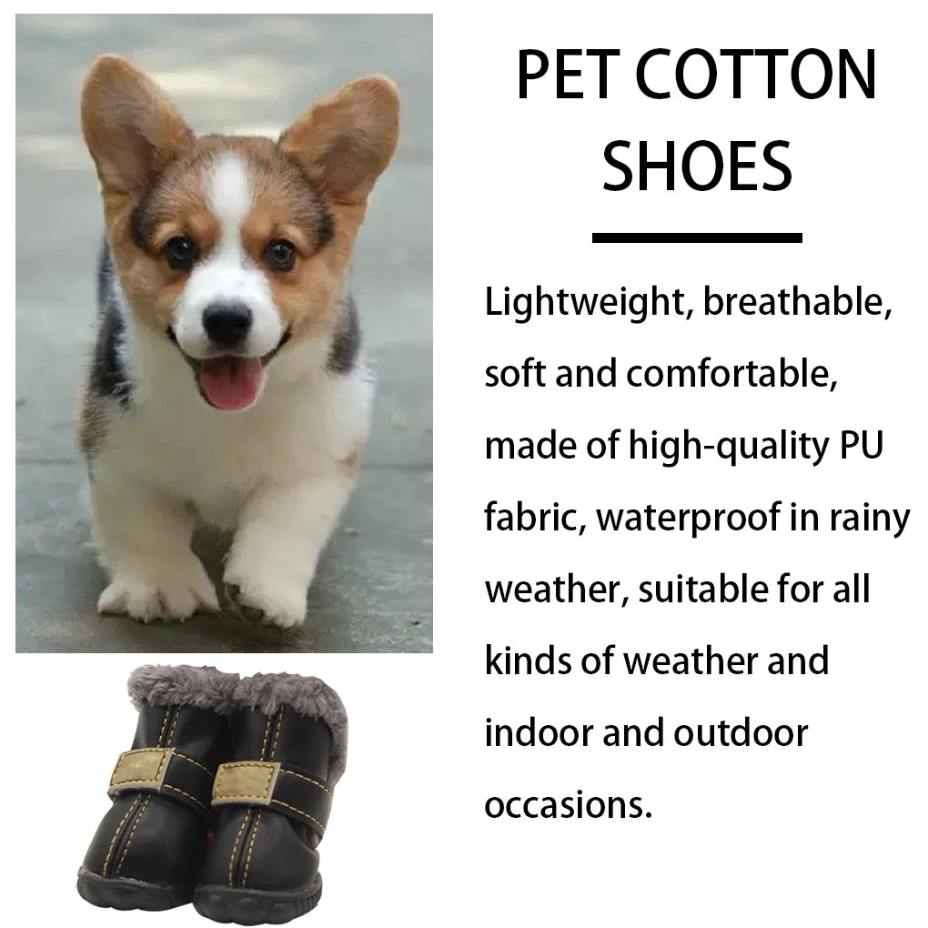 4pcs Pet Shoes Waterproof Snow Boots PU Leather Winter Pet Footwear, Black, 4 Yards