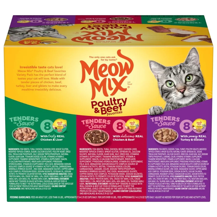 Tenders in Sauce Wet Cat Food Variety Pack for Indoor Cats Poultry Beef Favorites, 24 Cups 2.75 oz Each,Grain-Free, High Moistu