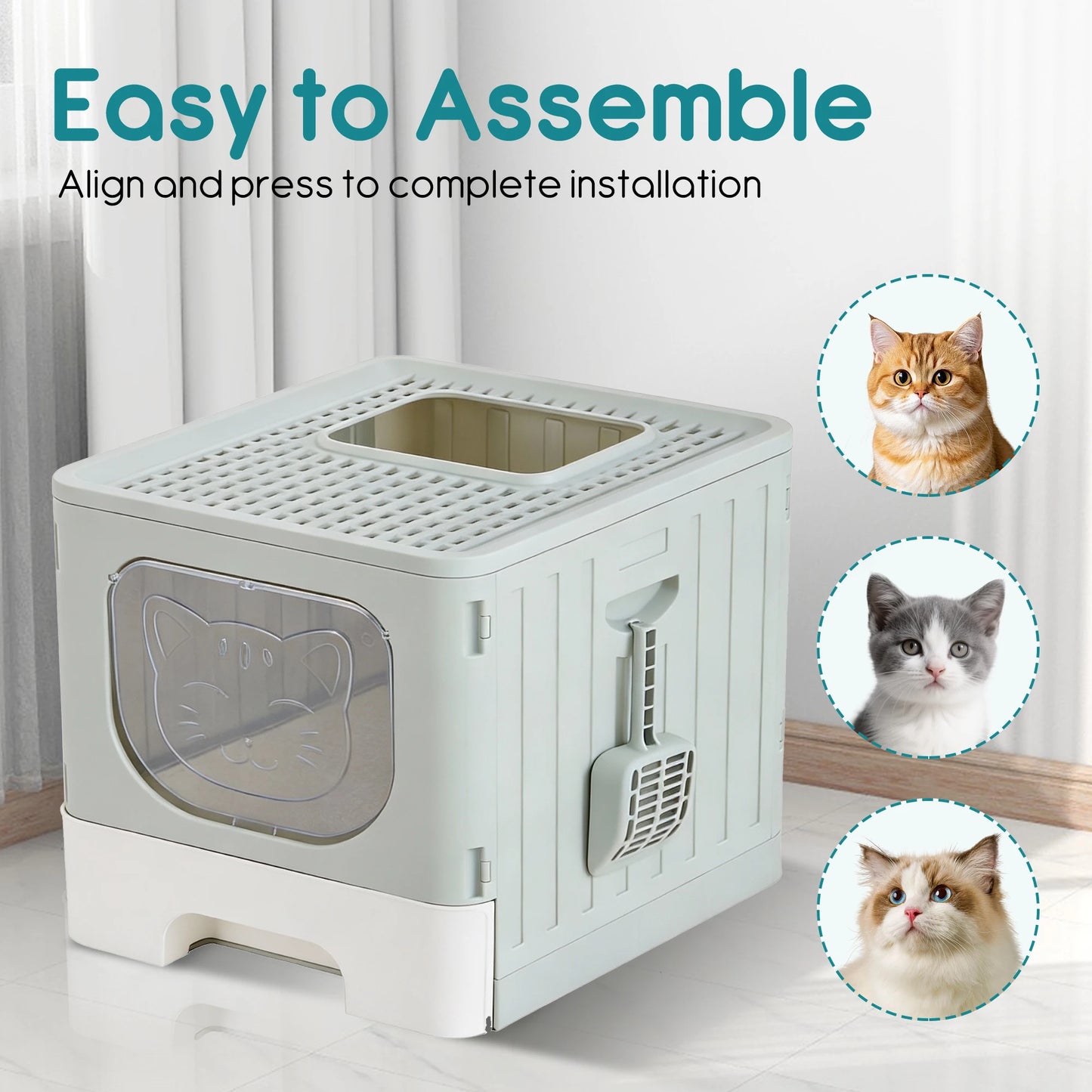 JHK 19IN Cat Litter Box with Lid Large Foldable Cat Box with Litter Scoop Front Entry Top Exit Kitty Litter Box with Door