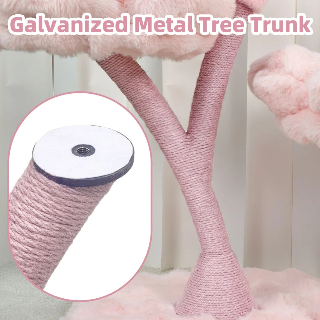 Pink Flower Cat Tree Tower with Scratching Post Wood Branch Cat Cushioned Bed Hanging Ball Toy