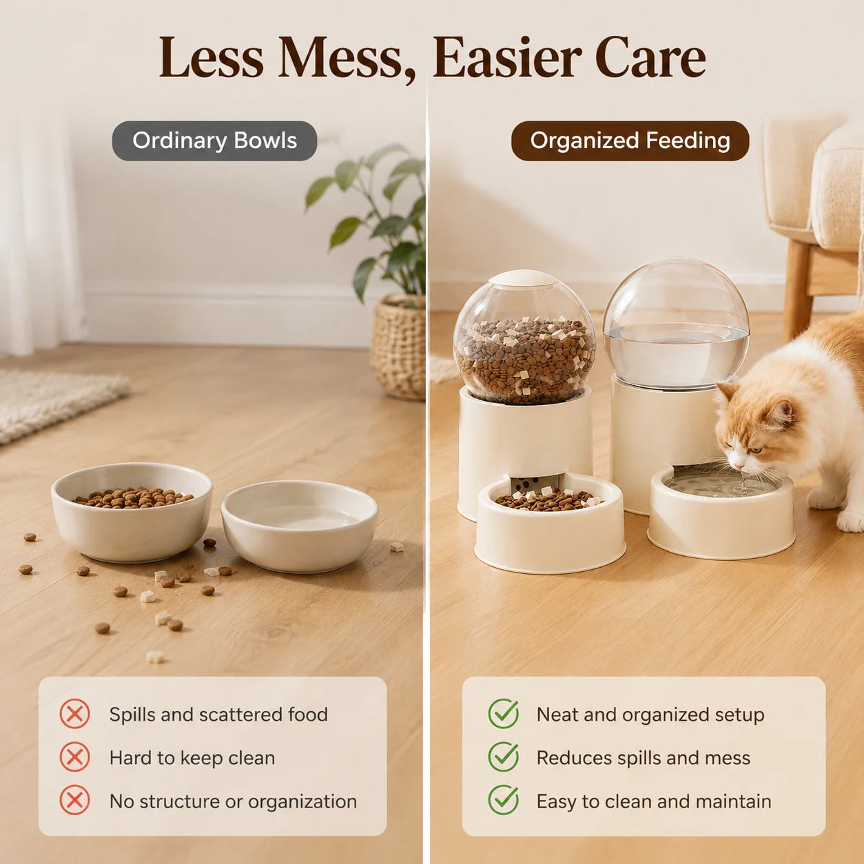 Keep Cats Fed & Hydrated Easily with Automatic Gravity Feeder and Water Dispenser, Spill-Proof, Transparent Dome Lid
