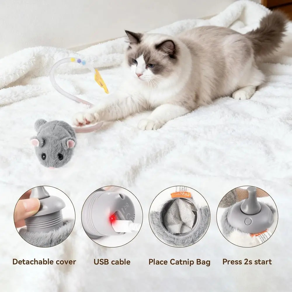 Interactive MigiMouse Cat Toy 360° Rolling & Spin with Mesh Plastic Tail or Indoor Cats Smart Motion Sensor, Realistic Squeak, R