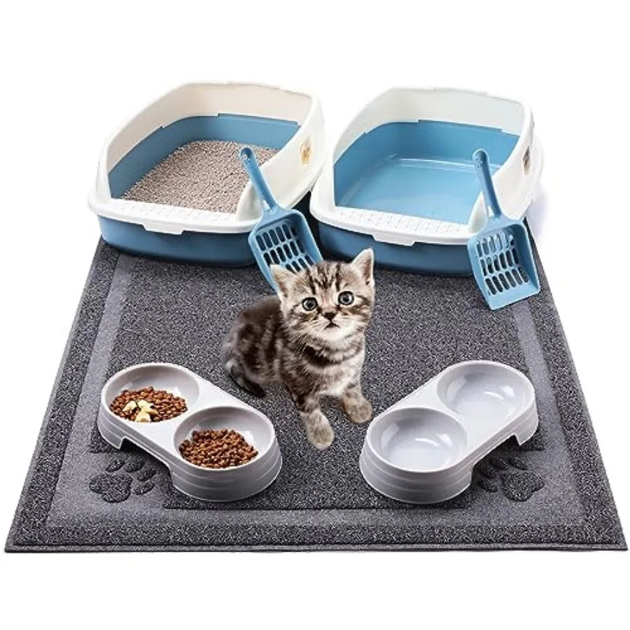 7 Pcs Kitten Litter Box Starter Kit 2 Plastic Small Kitty Litter Box Training Low Entry with Scoop 2 Double Cat Bowl and Mat fo