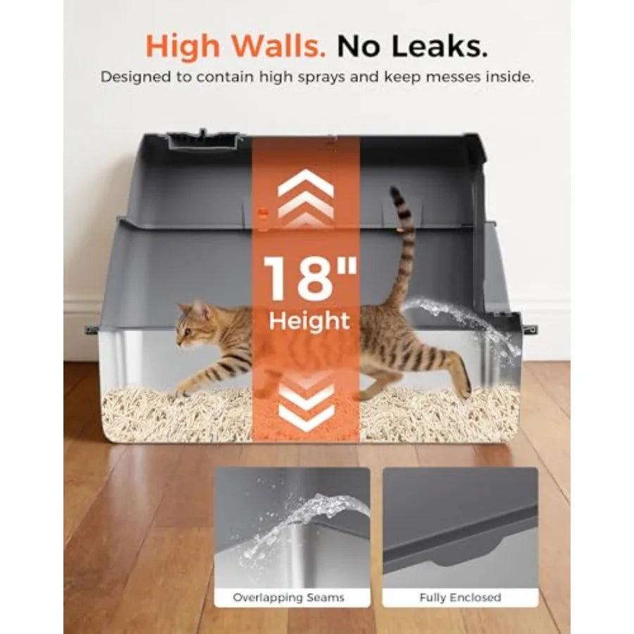 XXL Stainless Steel Cat Litter Box with Lid High Sided Enclosed Covered Litterbox Activated Carbon Odor Control Extra Large Met