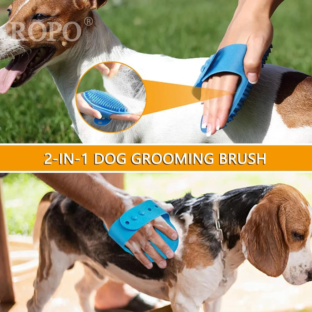 Dog Bath Brush, Shampoo Brush with Adjustable Ring Handle, Long Bristles, Anti-Slip Back & Strap, Pet Grooming Brush for Dogs & Cats 2pcs