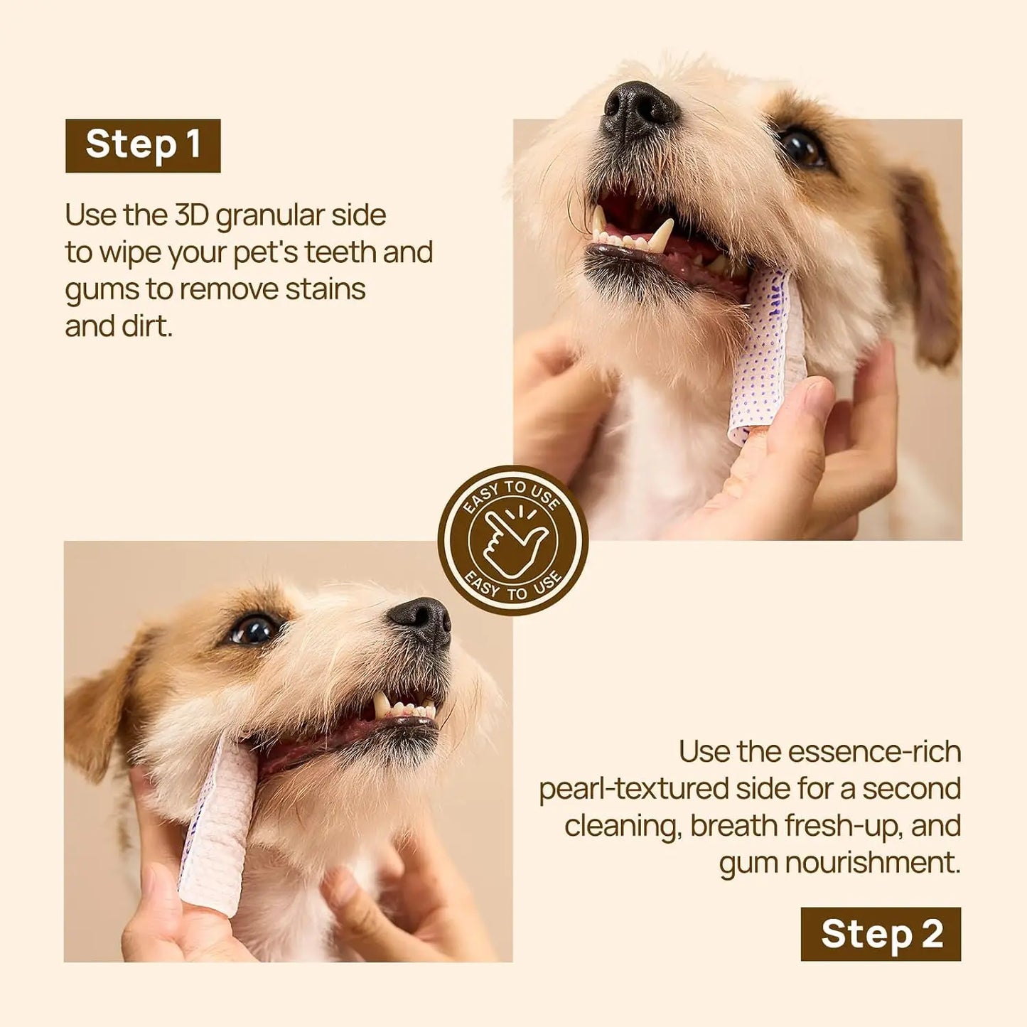 Pet Teeth Cleaning Wipes for Dogs & Cats, Vet-Recommended Finger Wipes, Reduce Plaque & Freshen Breath, No-Rinse Toothbrush Kit, Mint