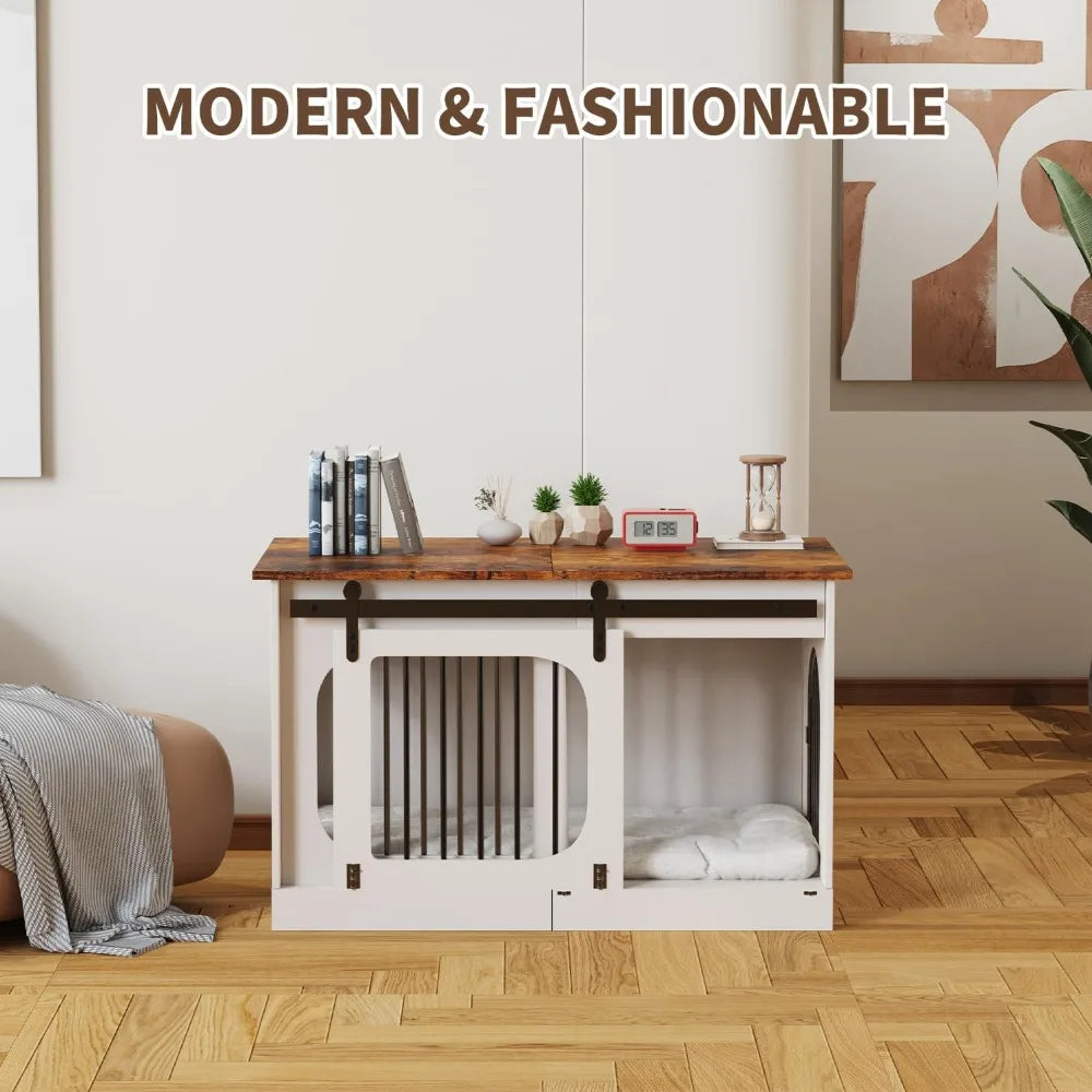 39.4" Farmhouse Dog Crate Furniture with Cushion, White Wooden End Table for Small to Large Dogs