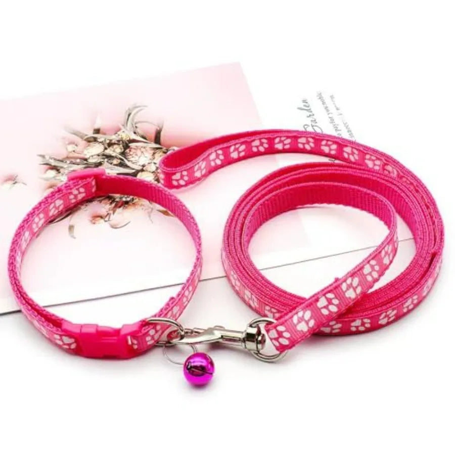 Purple Small Dog Collar and Leash Set, Pawprint Puppy Collar and Leash Adjustable Kitten Collar with Bell for Tiny Little XXS X