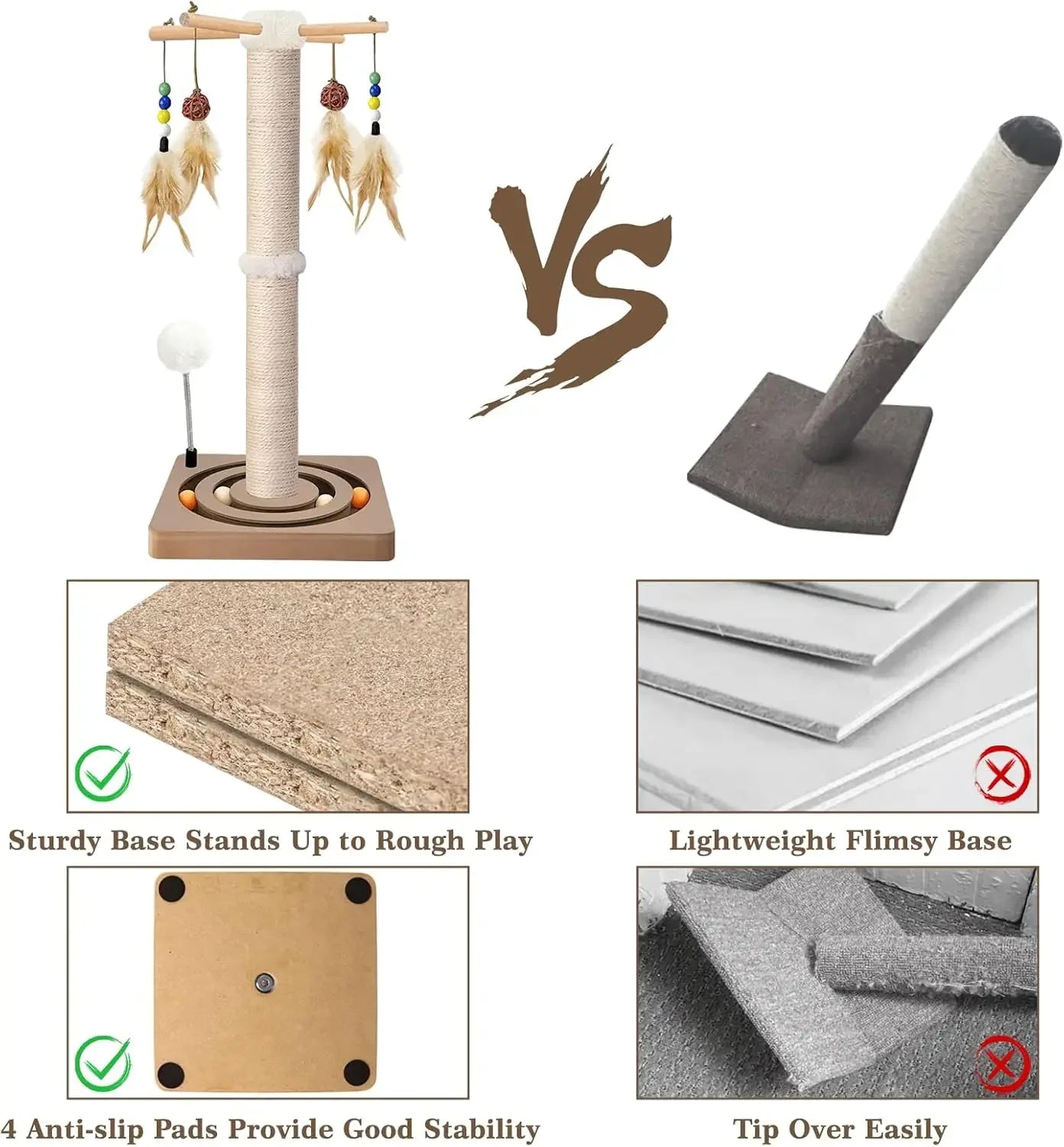 Cat Scratching Post, 25in Sisal Cat Tree Tower with Interactive Toys, Double Ball Track, 2 Mounting Methods for Indoor Cats