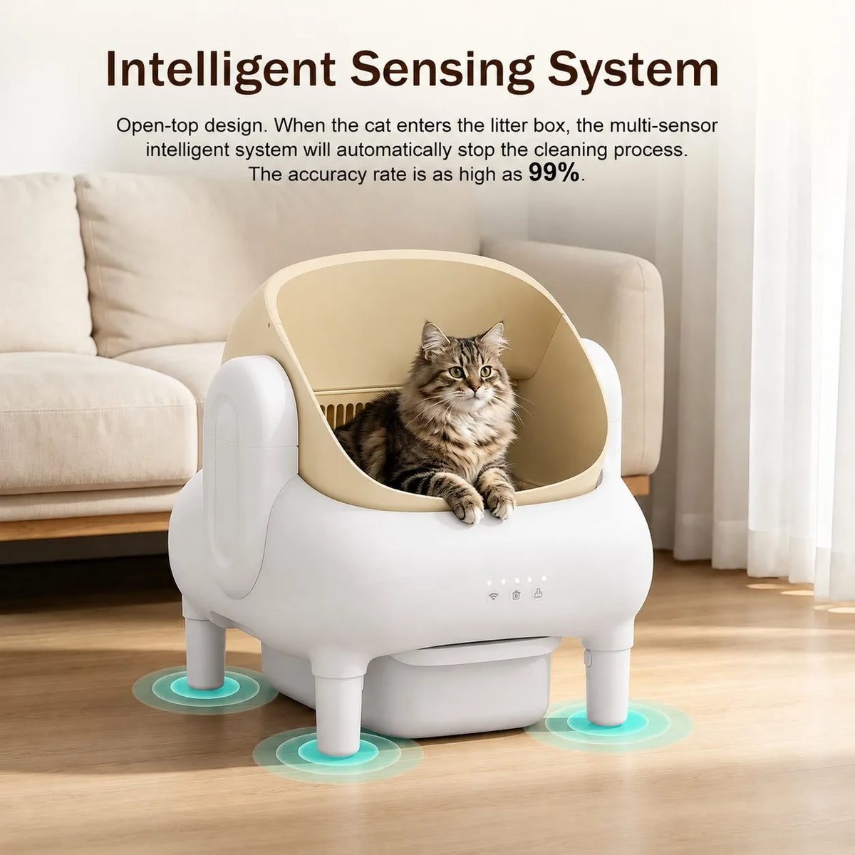 Cumrige Champagne Beige Smart Self‑Cleaning Cat Litter Box, WiFi APP Data Monitoring Automatic Cat Toilet, Sofa‑Shaped Anti‑Pinch Odor Sealed Cat Litter Box with Cleaning Brush & Waste Bags for Large Multi‑Cat Househo