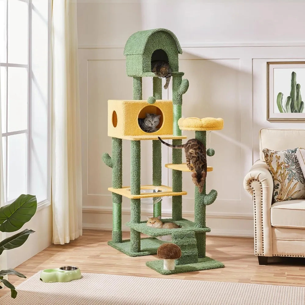 68.5in Tall Cactus Cat Tree, Multi-Level Tower with 2 Large Condos, Scratching Posts, 2 Acrylic Clear Bowls, Mushroom Perch