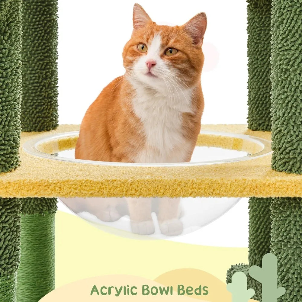 68.5in Tall Cactus Cat Tree, Multi-Level Tower with 2 Large Condos, Scratching Posts, 2 Acrylic Clear Bowls, Mushroom Perch