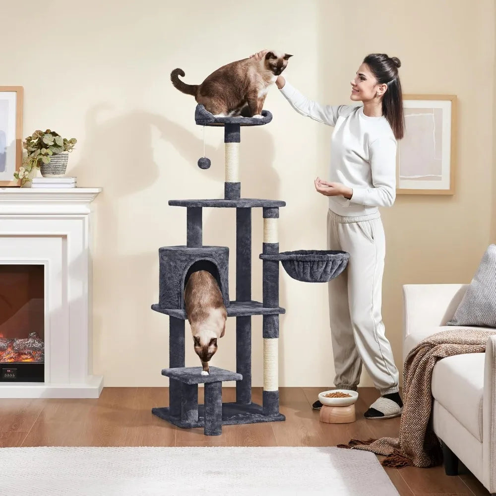 57in Multi-Level Cat Tree Tower with Extended Platform, Padded Perch, Scratching Posts, and Ball