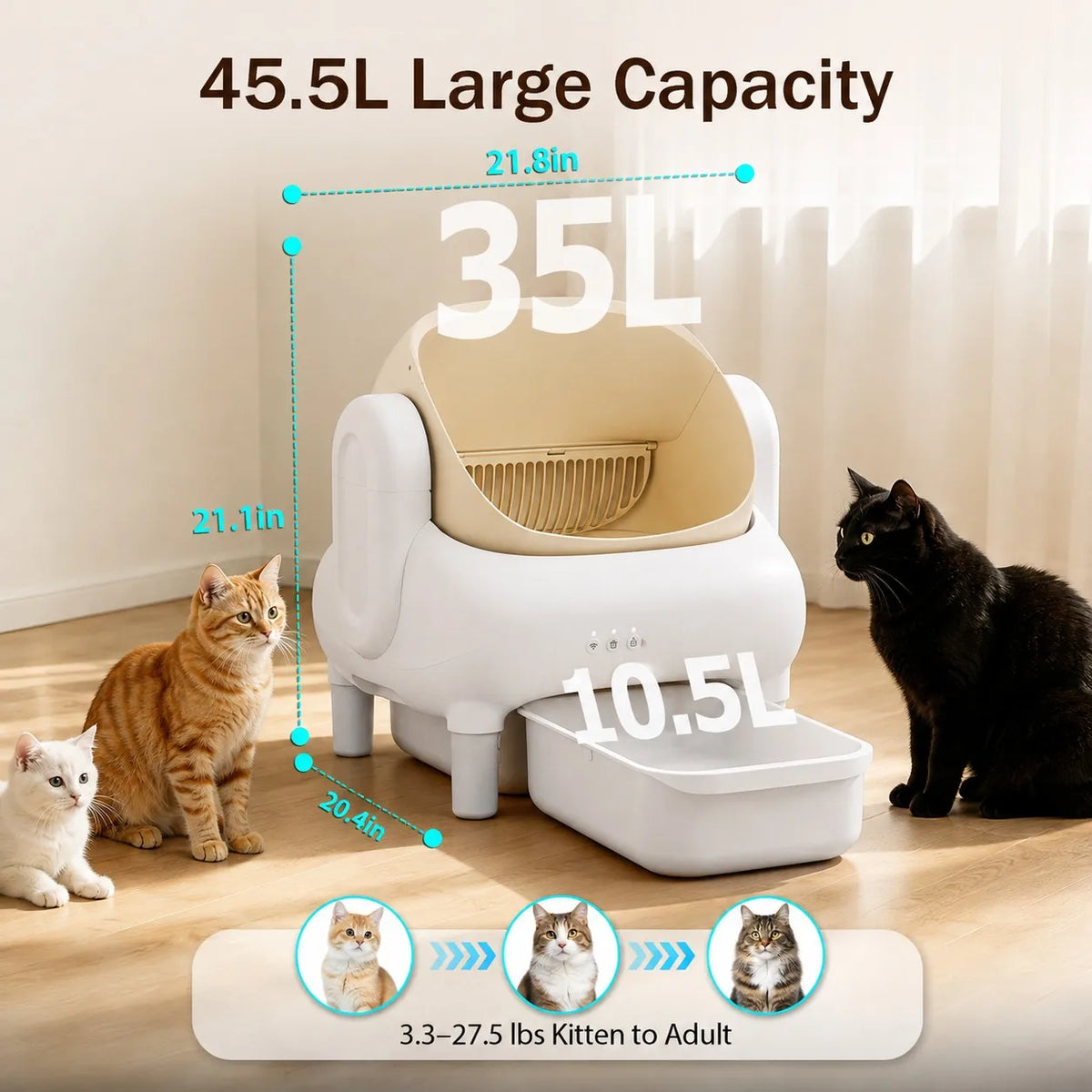 Cumrige Champagne Beige Smart Self‑Cleaning Cat Litter Box, WiFi APP Data Monitoring Automatic Cat Toilet, Sofa‑Shaped Anti‑Pinch Odor Sealed Cat Litter Box with Cleaning Brush & Waste Bags for Large Multi‑Cat Househo