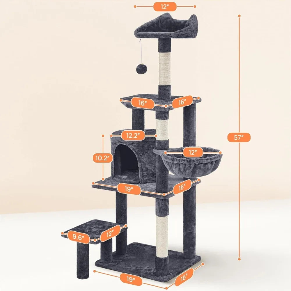 57in Multi-Level Cat Tree Tower with Extended Platform, Padded Perch, Scratching Posts, and Ball