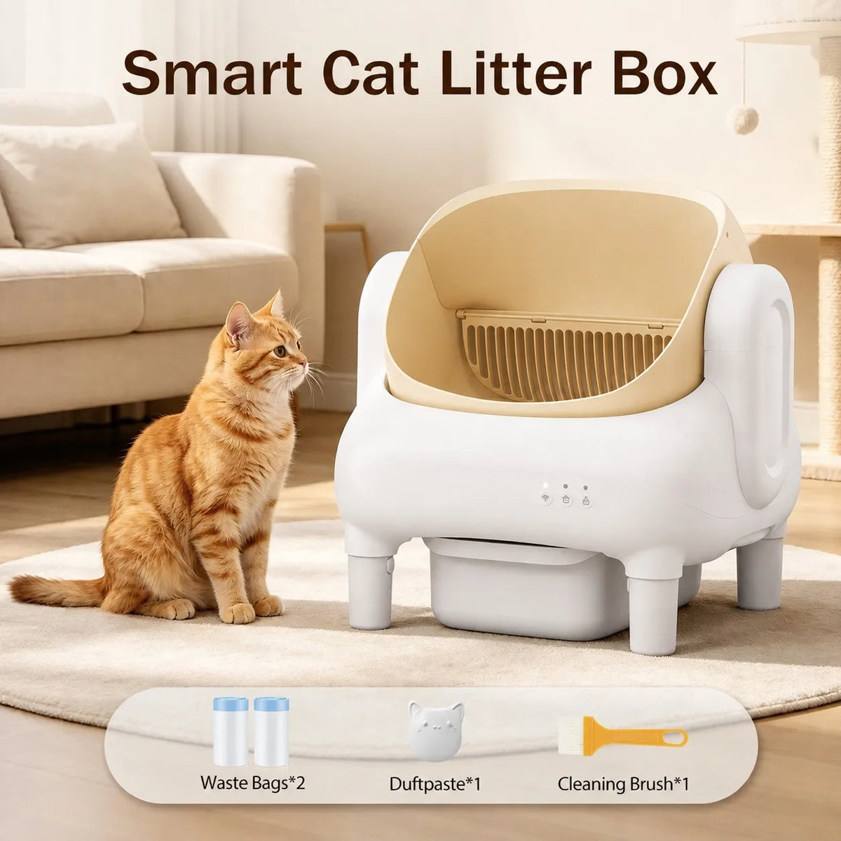 Cumrige Champagne Beige Smart Self‑Cleaning Cat Litter Box, WiFi APP Data Monitoring Automatic Cat Toilet, Sofa‑Shaped Anti‑Pinch Odor Sealed Cat Litter Box with Cleaning Brush & Waste Bags for Large Multi‑Cat Househo