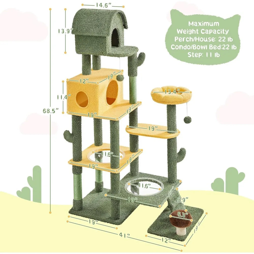 68.5in Tall Cactus Cat Tree, Multi-Level Tower with 2 Large Condos, Scratching Posts, 2 Acrylic Clear Bowls, Mushroom Perch