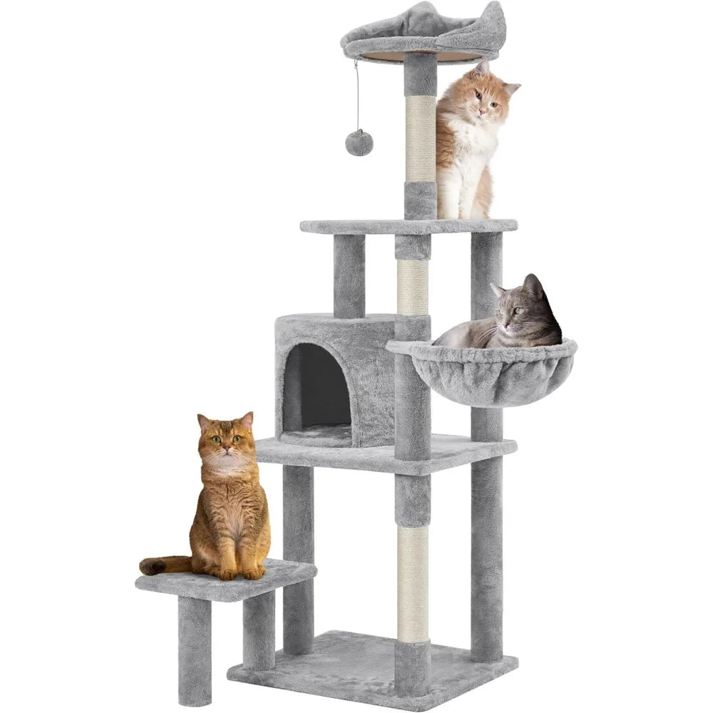 57in Multi-Level Cat Tree Tower with Extended Platform, Padded Perch, Scratching Posts, and Ball