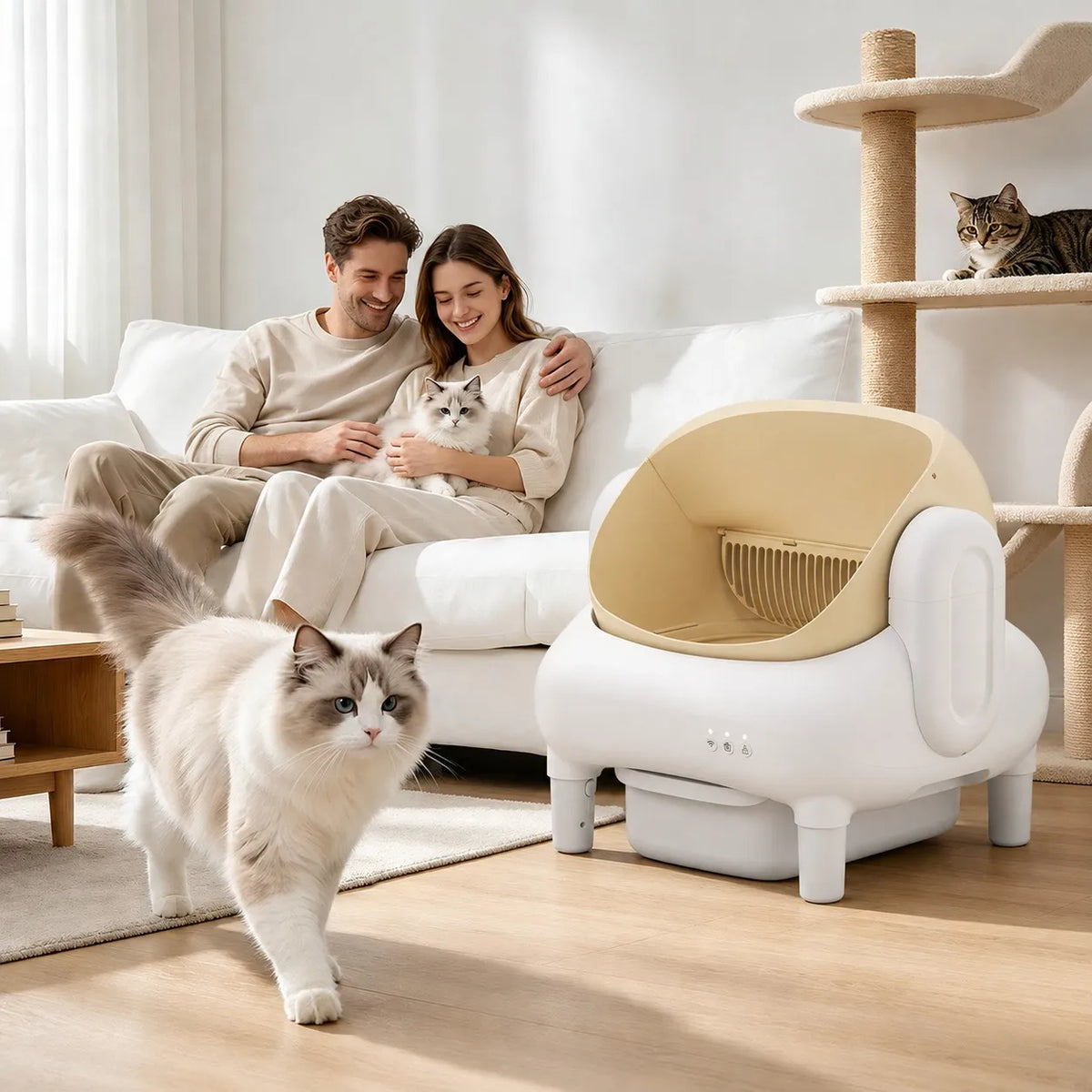 Cumrige Champagne Beige Smart Self‑Cleaning Cat Litter Box, WiFi APP Data Monitoring Automatic Cat Toilet, Sofa‑Shaped Anti‑Pinch Odor Sealed Cat Litter Box with Cleaning Brush & Waste Bags for Large Multi‑Cat Househo