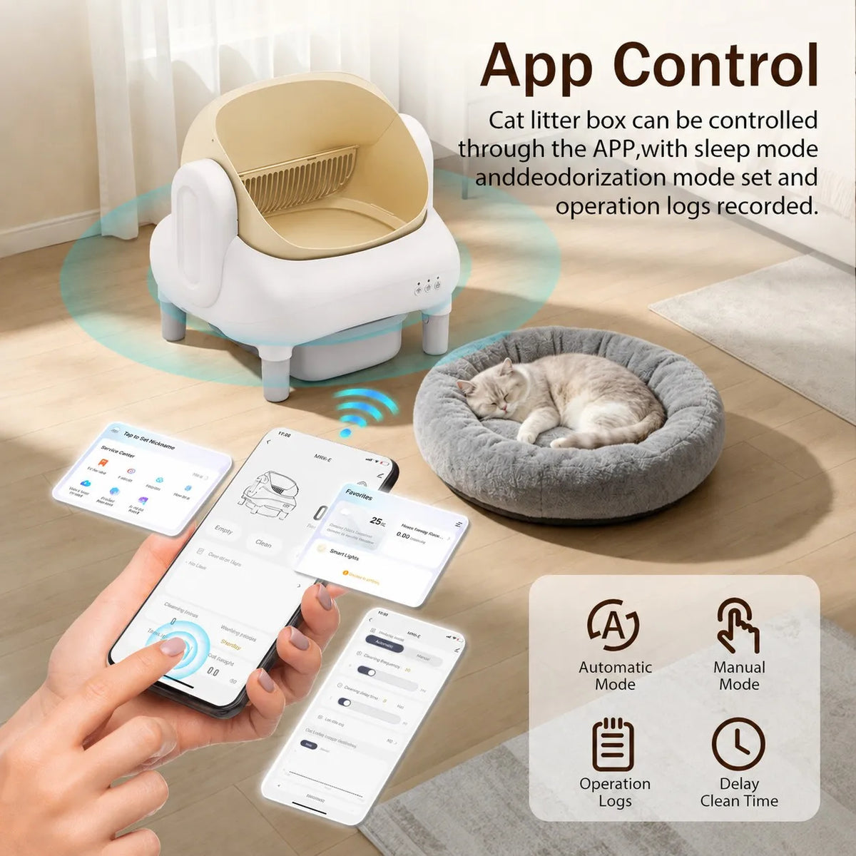 Cumrige Champagne Beige Smart Self‑Cleaning Cat Litter Box, WiFi APP Data Monitoring Automatic Cat Toilet, Sofa‑Shaped Anti‑Pinch Odor Sealed Cat Litter Box with Cleaning Brush & Waste Bags for Large Multi‑Cat Househo