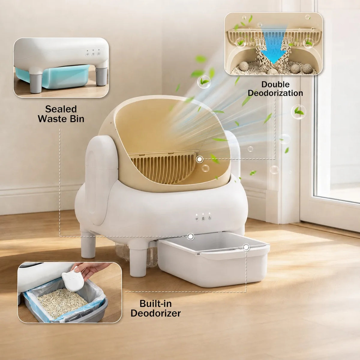 Cumrige Champagne Beige Smart Self‑Cleaning Cat Litter Box, WiFi APP Data Monitoring Automatic Cat Toilet, Sofa‑Shaped Anti‑Pinch Odor Sealed Cat Litter Box with Cleaning Brush & Waste Bags for Large Multi‑Cat Househo