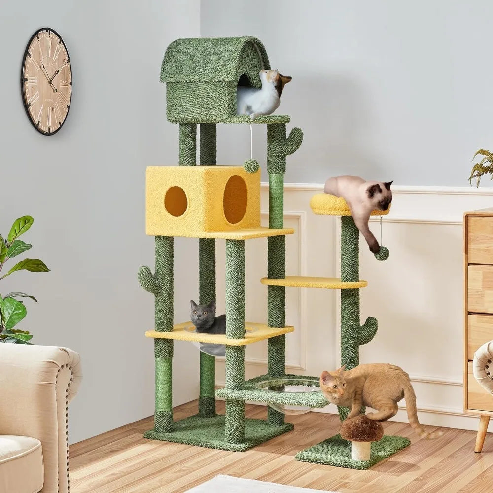 68.5in Tall Cactus Cat Tree, Multi-Level Tower with 2 Large Condos, Scratching Posts, 2 Acrylic Clear Bowls, Mushroom Perch