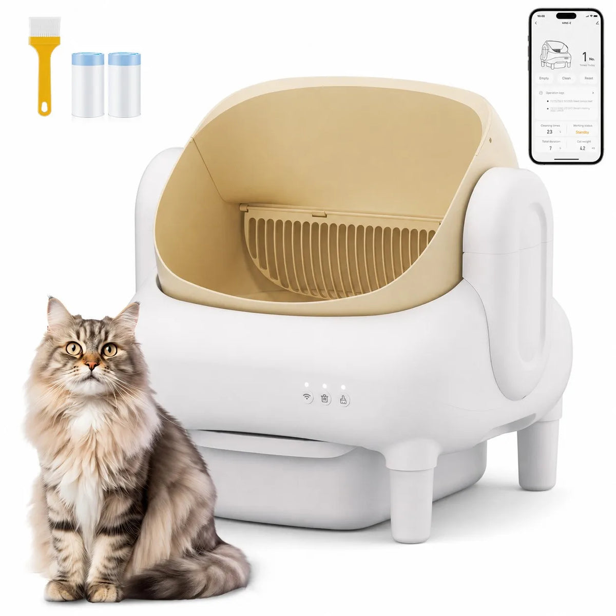 Cumrige Champagne Beige Smart Self‑Cleaning Cat Litter Box, WiFi APP Data Monitoring Automatic Cat Toilet, Sofa‑Shaped Anti‑Pinch Odor Sealed Cat Litter Box with Cleaning Brush & Waste Bags for Large Multi‑Cat Househo
