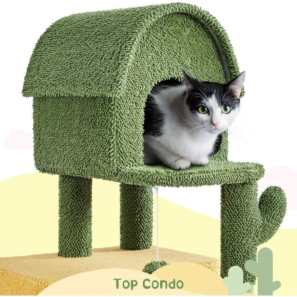 68.5in Tall Cactus Cat Tree, Multi-Level Tower with 2 Large Condos, Scratching Posts, 2 Acrylic Clear Bowls, Mushroom Perch