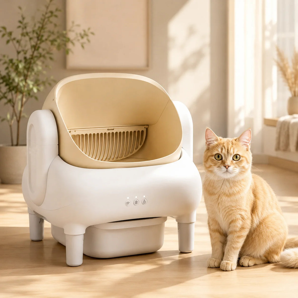 Cumrige Champagne Beige Smart Self‑Cleaning Cat Litter Box, WiFi APP Data Monitoring Automatic Cat Toilet, Sofa‑Shaped Anti‑Pinch Odor Sealed Cat Litter Box with Cleaning Brush & Waste Bags for Large Multi‑Cat Househo