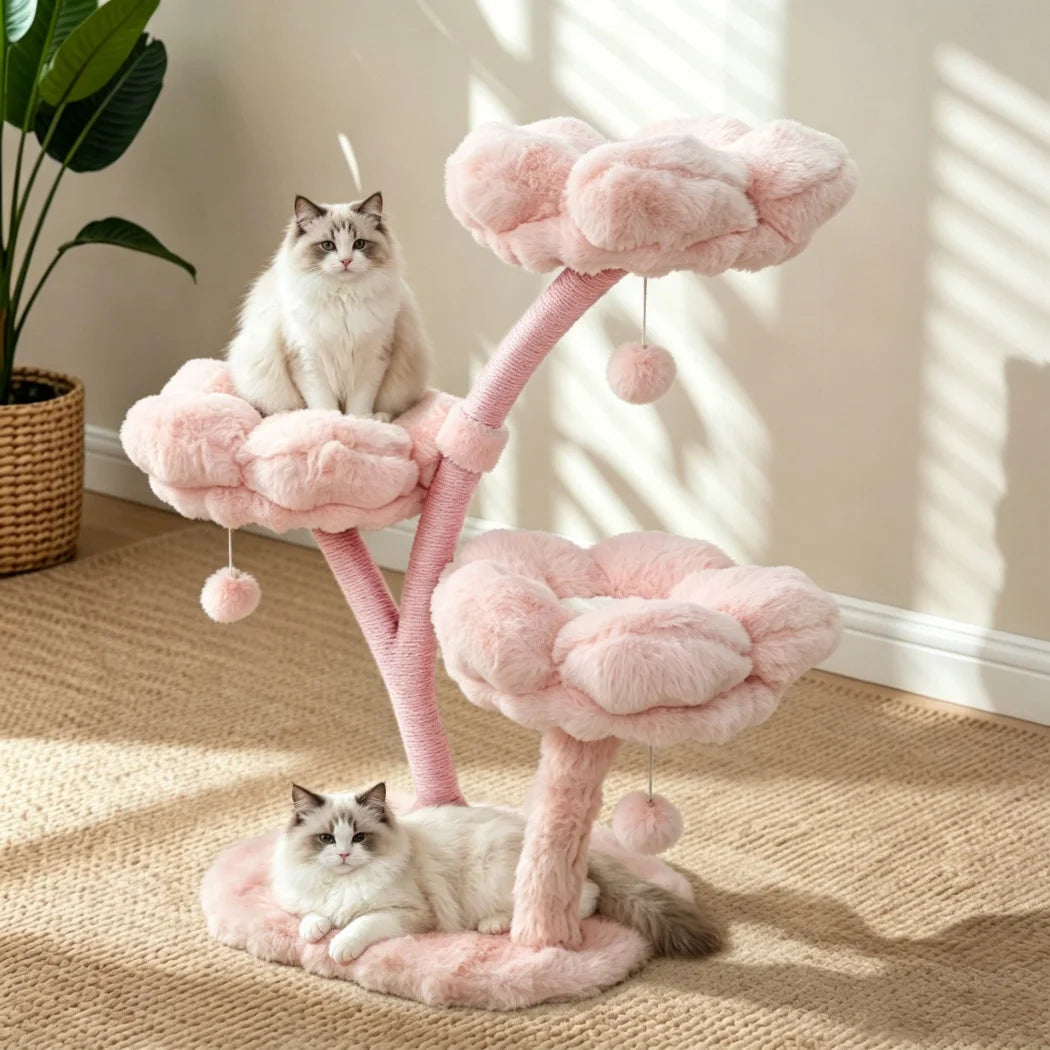 Pink Flower Cat Tree Tower with Scratching Post Wood Branch Cat Cushioned Bed Hanging Ball Toy