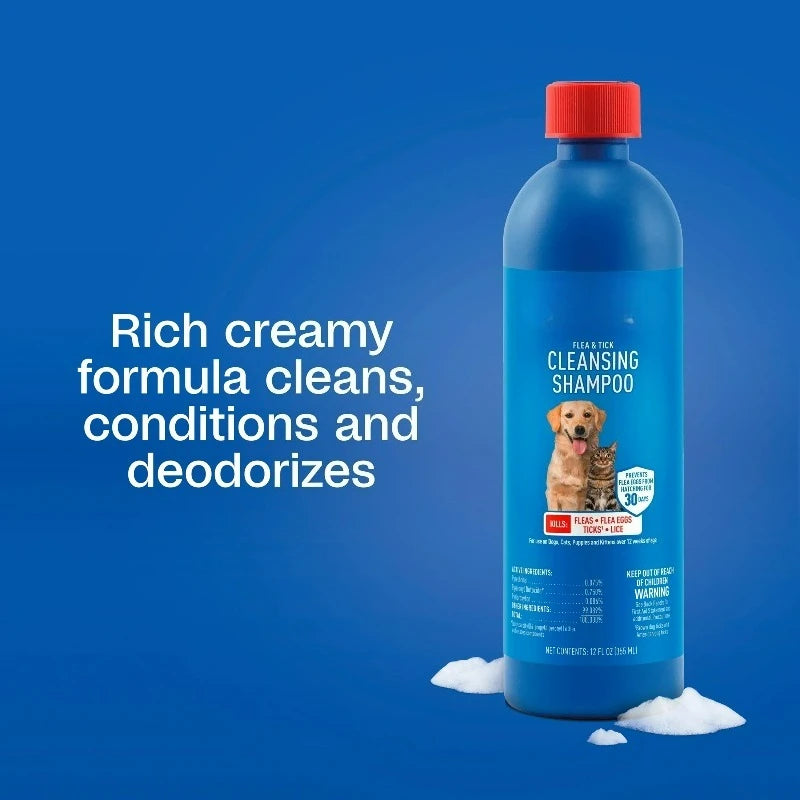 Flea & Tick Cleansing Shampoo for Dogs, Cats, Puppies & Kittens, Flea Shampoo to Treat Flea Infestations, Kills Ticks, Fleas,