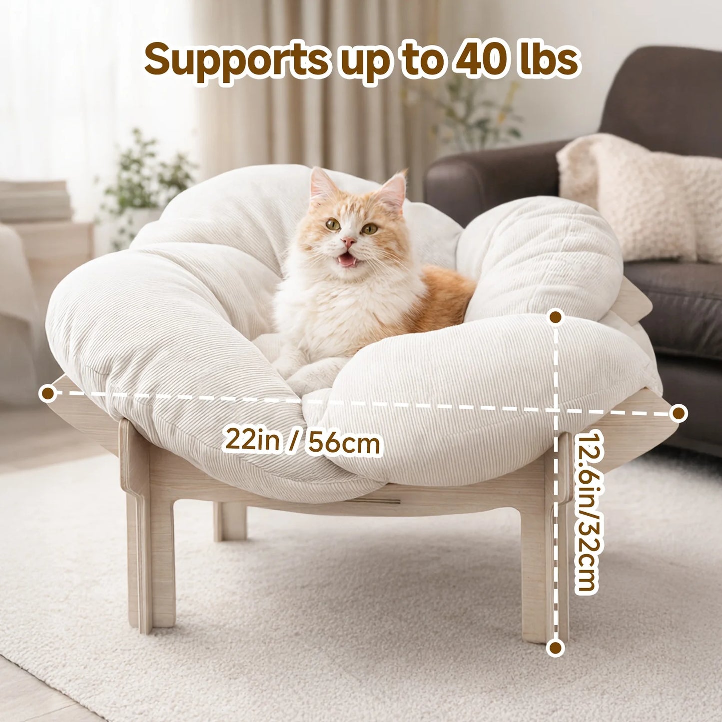 Large Flower-Shaped Pet Bed for Cats & Small Dogs - Modern Luxury High-Leg Sofa Bed with Solid Wood Base & Removable Mattress, I