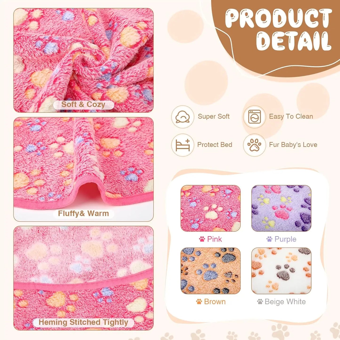 4 Pack Fleece Dog Blankets for Small Pets - Soft, Washable, Multi-Size - Paw Print Pattern - Mixed Colors, 24x16 Inch