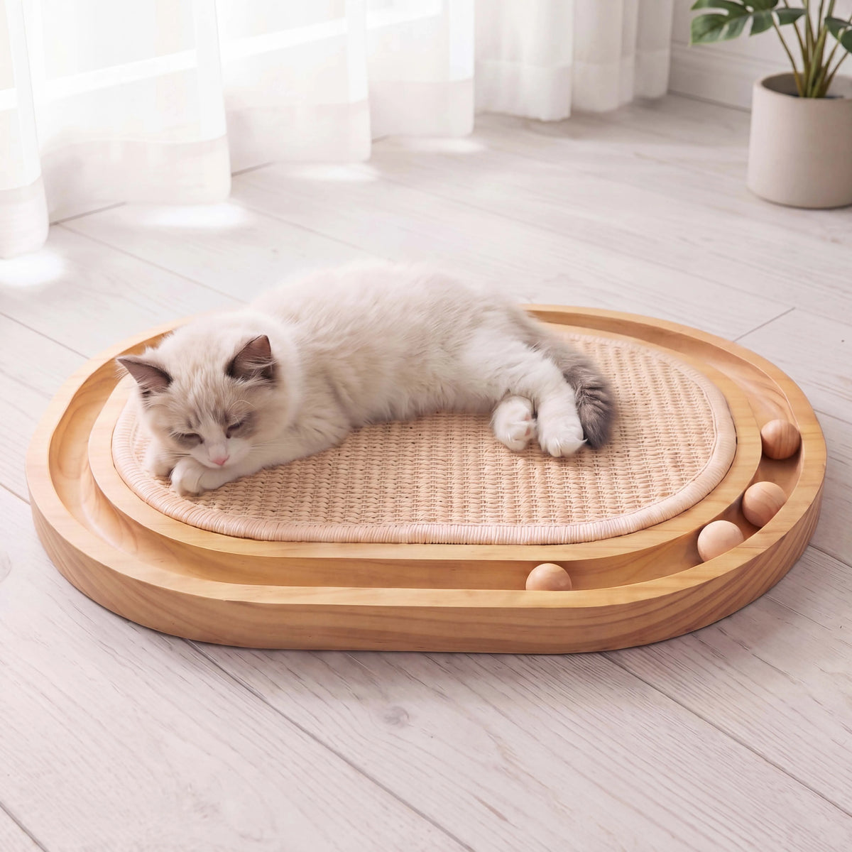 3-in-1 Cat Scratcher Toy, Wooden Oval Cat Scratching Pad with Sisal Surface, Rolling Balls, Low-Profile Resting Bed, Interactive Cat Toy for Scratching, Lounging and Play