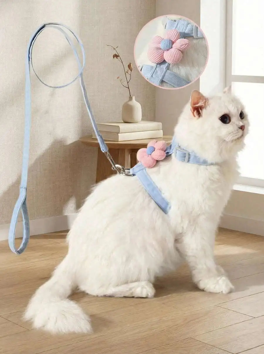 Cute Floral Design Cat Harness With Leash, Comfortable & Lightweight, Escape-Proof Pet Harness Set