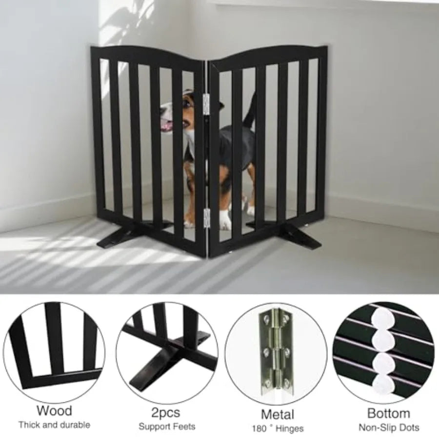 Freestanding Dog Gate IndoorDoggie Gate Foldable Pet Gates for Doorways Stairs or Hallways Wooden Black Pet Gate for the House