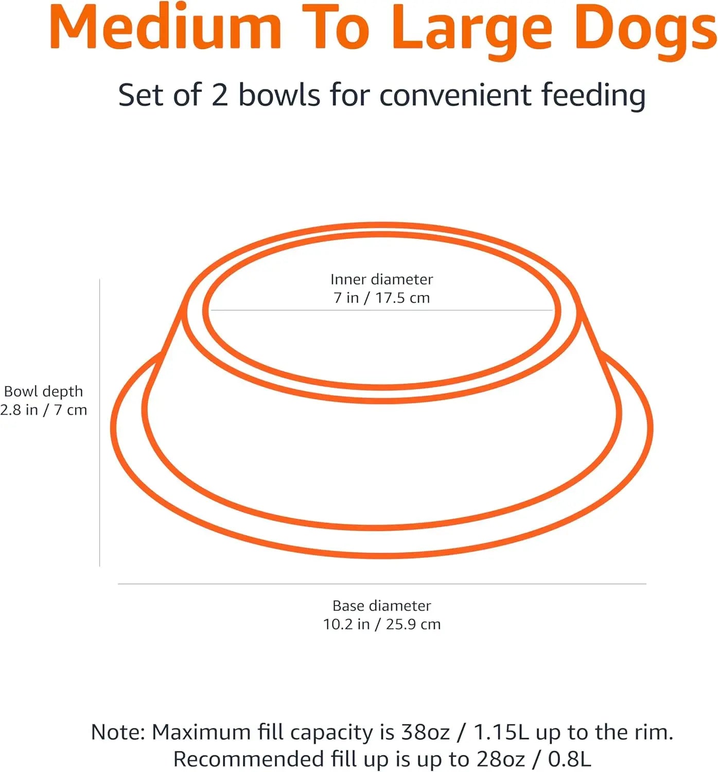 Basics Stainless Steel Non-Skid Dog Water And Food Bowls, Dishwasher Safe, Rust Resistant, 38oz Capacity, 10 x 2.8 Inches, 2-Pac