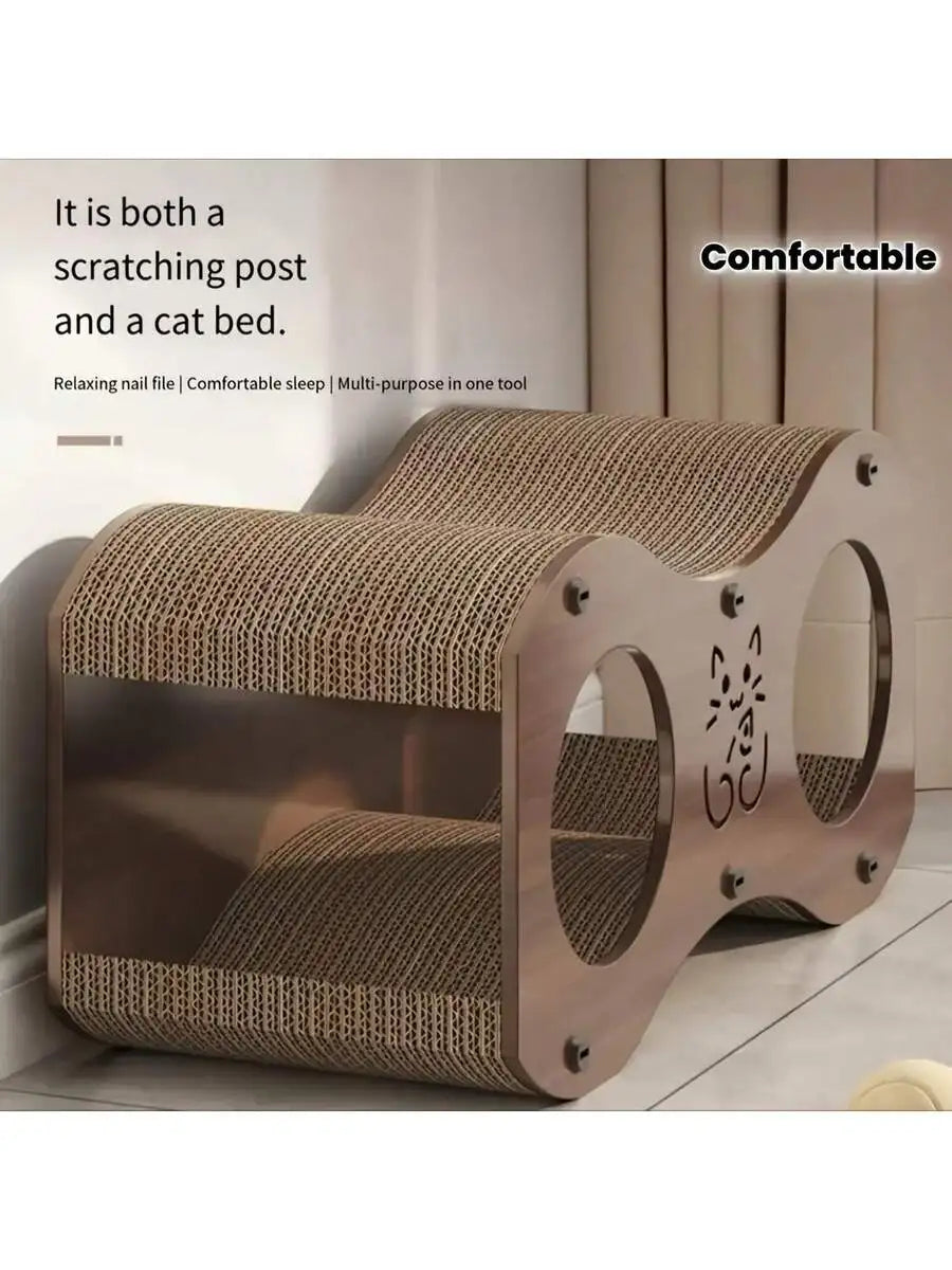 Walnut Finish Cat Scratching Post With Cave Woven Scratcher For Indoor Use