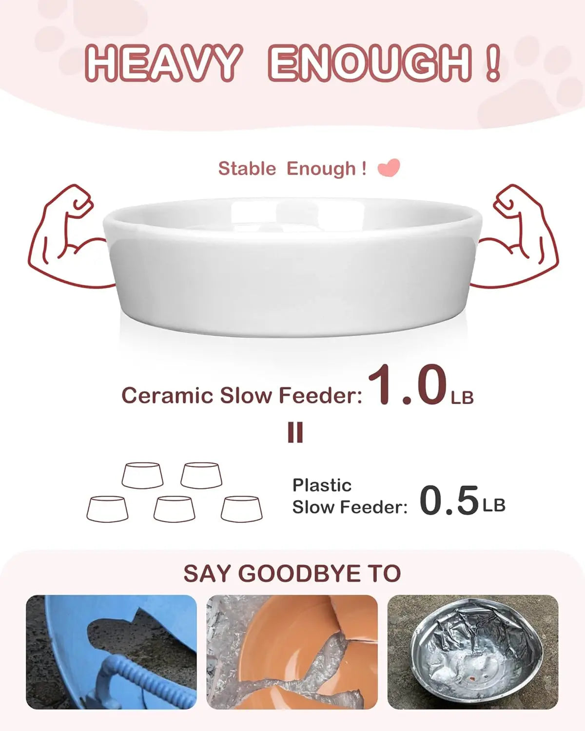 Ceramic Slow Feeder Dog Bowls for Small Breeds, 0.6 Cup Cat Bowl for Fast Eaters, Puzzle Dish No Black Chin, White