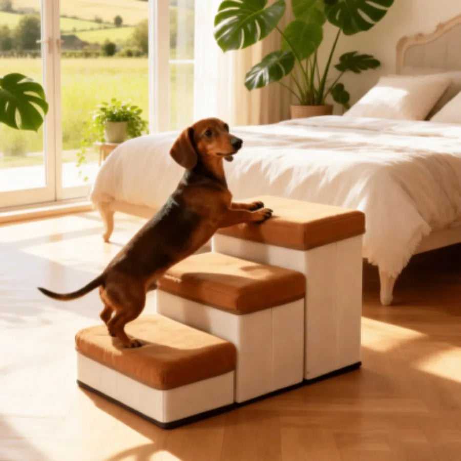 【New style】3-Tier Collapsible Dog Stair With Non-Slip Surface, Pet Ramp For Small To Extra Small Dog Breeds-Great For High Beds