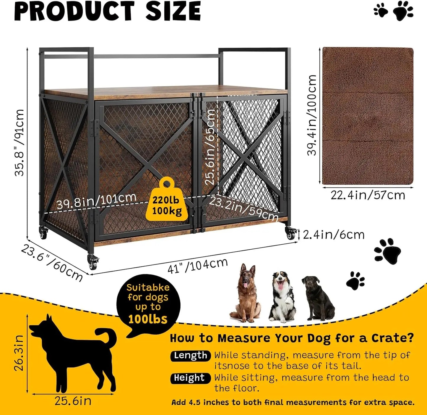 Heavy Duty Dog Cage with Lockable 360° Wheels Double Door Dog Kennel End Table for Small Medium & Large Dogs Crate Furniture