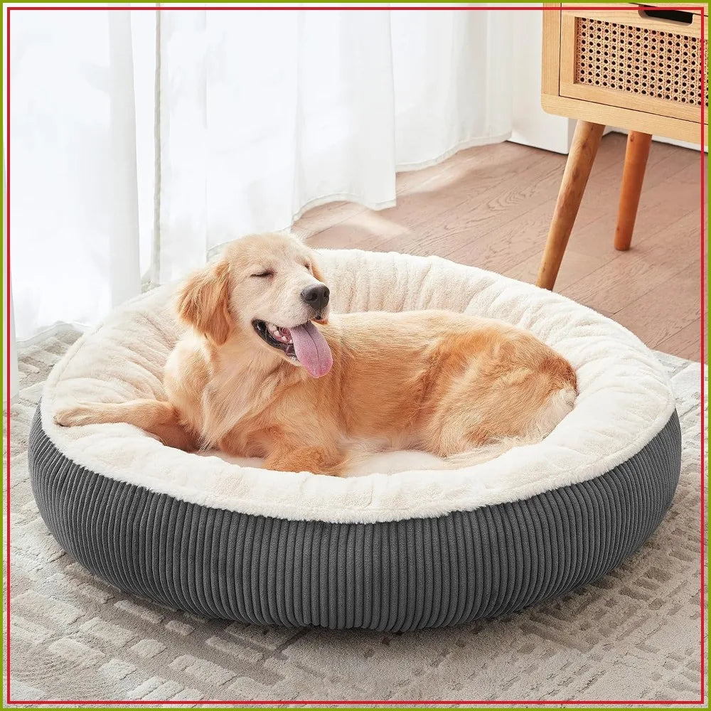 36" Donut Dog Bed for Large Dogs - Calming Round Pet Bed with Washable Cover, Plush Faux Fur & Corduroy, Up to 80 lbs, Dark Grey